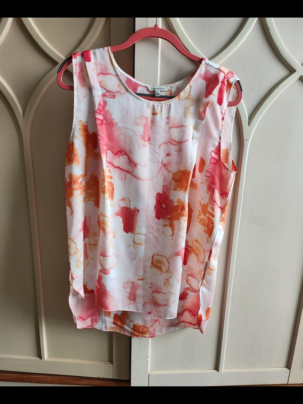 Calvin Klein Jeans Watercolor Floral Sleeveless Top - Coral & Orange